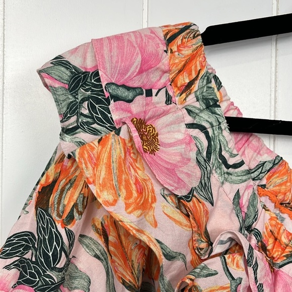 Cecelia Peterson Top XS Pink Green Floral Button Up Off Shoulder Puff Sleeves - Picture 5 of 11